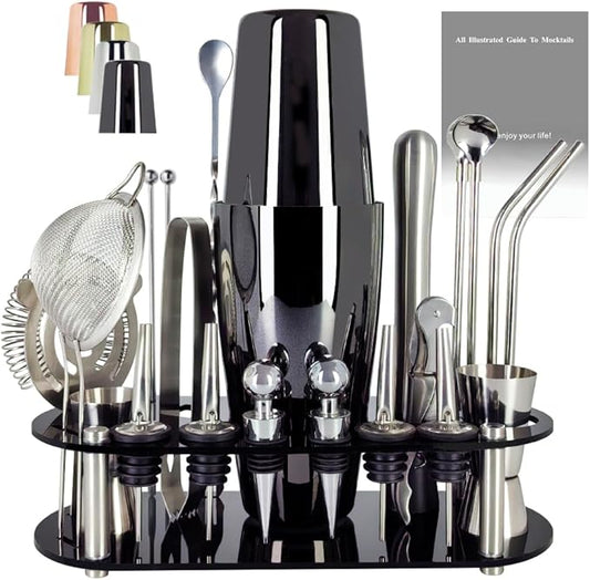 22-Piece Cocktail Shaker Set, 25/20oz Bartender Kit, Bartending Stainless Steel Bar Tools Sets for Drink Mixing, Boston Cocktail Shakers with Stand Recipes Booklet (Black-25-20oz)