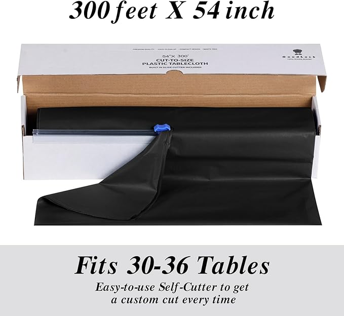 Goodluck 54 Inch X 300 Feet Plastic Table Cloths with Cutter Box, Black Disposable Table Cover Roll, Plastic Tablecloth for Party, Banquet, Wedding, Birthday, Anniversary