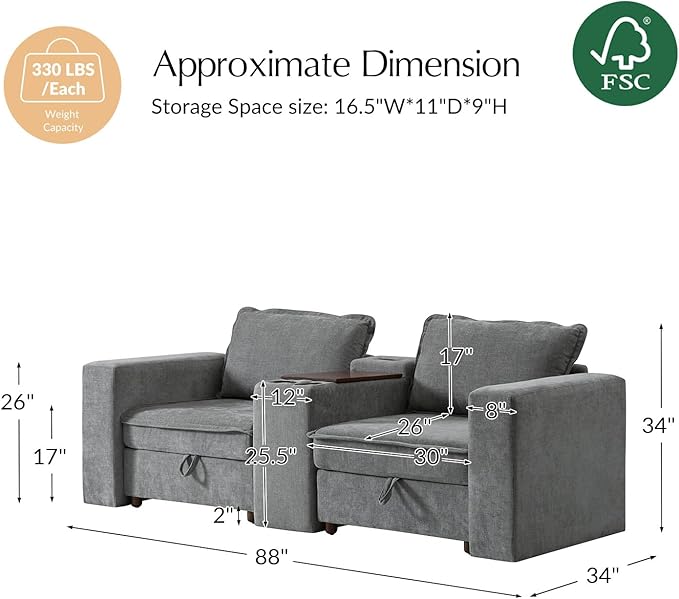HULALA HOME 88" Loveseat Sofa with USB Port and Console, Oversized 2 Seater Sofa with Storage Ottoman, Comfy Upholstered Loveseat Couch for Living Room Bedroom, FSC Certified, Grey
