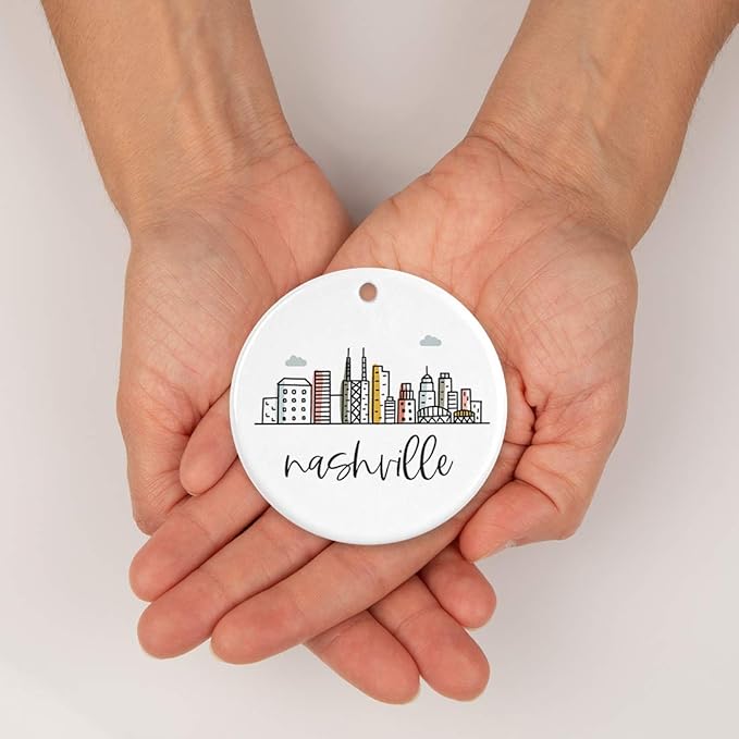 Andaz Press Round Ceramic Porcelain Christmas Tree Ornament Keepsake, Nashville Colorful City Skyline 1-Pack Birthday Ideas Family Coworker Includes Box Ornament