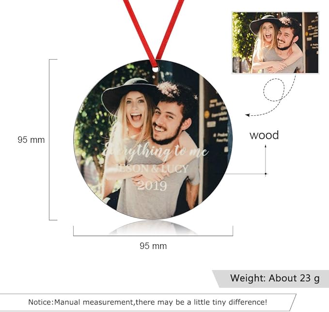 Gemszoo Personalized Picture Christmas Ornament, Custom Double Sided Photo Text Wooden Hanging Xmas Tree Keepsake Pendant Decoration Gift for Family (1, Round)