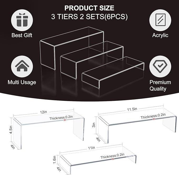 Acrylic Display Risers,12'' Large Display Stands, Thickened to 0.2''(5mm) Stackable Acrylic Shelves for Perfume Display, Clear Risers for Cupcake Stand,Pop Figurines,Tumbler,Food (Clear, 6PCS)