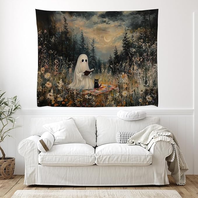 Halloween Ghost and Black Cat Tapestry Wall Hanging Spooky Ghos Reading Book in Wildflowers Wall Decor Halloween Witchy Room Aesthetic Tapestries for Goth Living Room Bedroom Decoration 70x90inch
