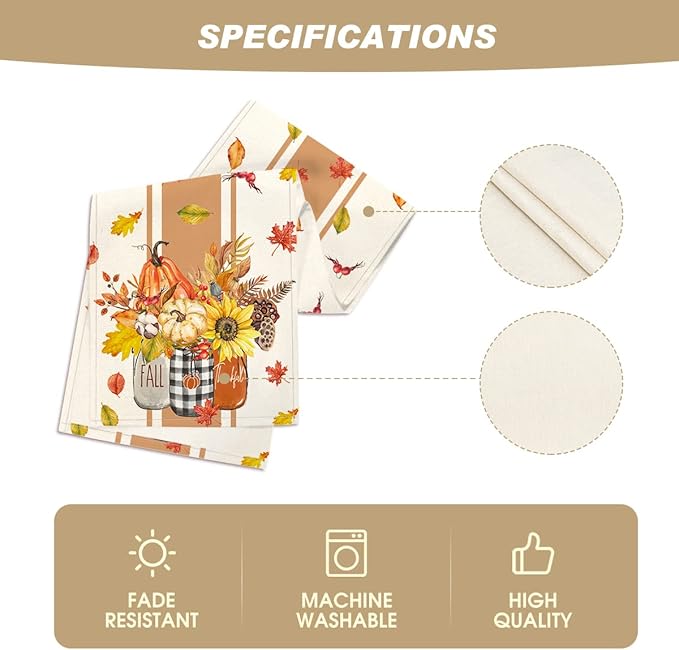 Artoid Mode Thankful Fall Pumpkin Leaves Floral Vases Table Runner, Autumn Thanksgiving Kitchen Dining Table Decoration for Home Party Decor 13x60 Inch