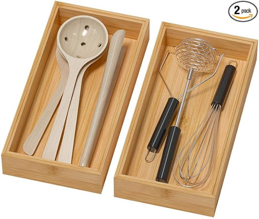 Bamboo Drawer Organizer - Silverware & Utensil Organizer, Stackable, 2 Pcs, Wooden Storage Box Tray (Bamboo, 12 X 6 X 2 Inch)