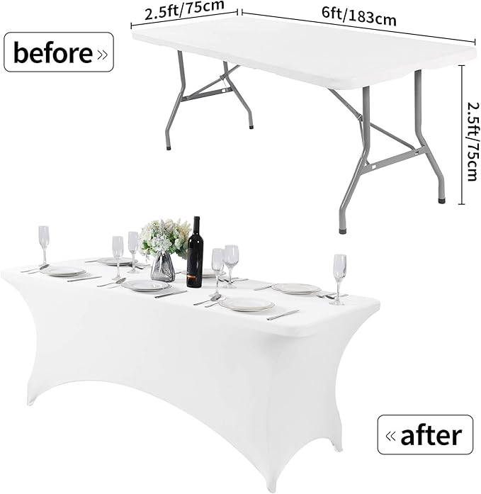 2Pack Spandex Table Cover for 6Ft or 4fT or 8ft Table Universal Fitted Stretch Tablecloth for Party, Banquet, Wedding and Events-White