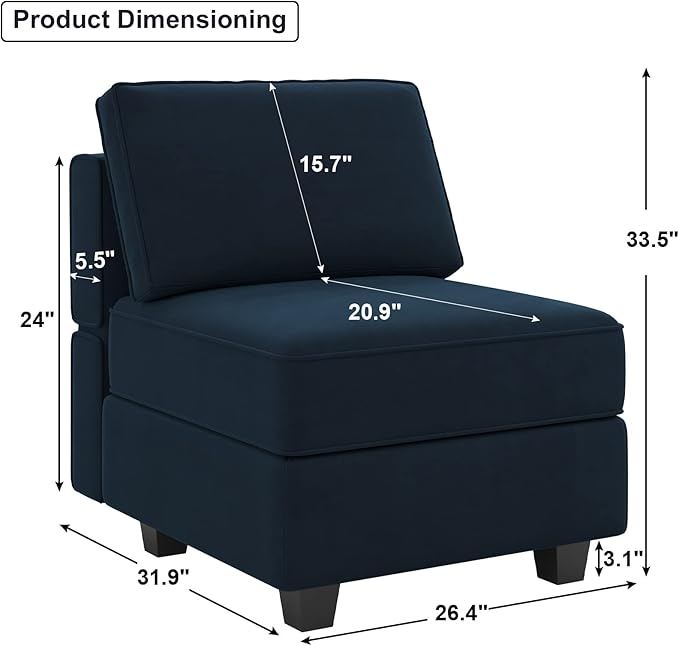 Belffin Modular Sofa Middle Module with Storage Accent Armless Chair for Modular Sectional Sofa Couch Velvet Blue