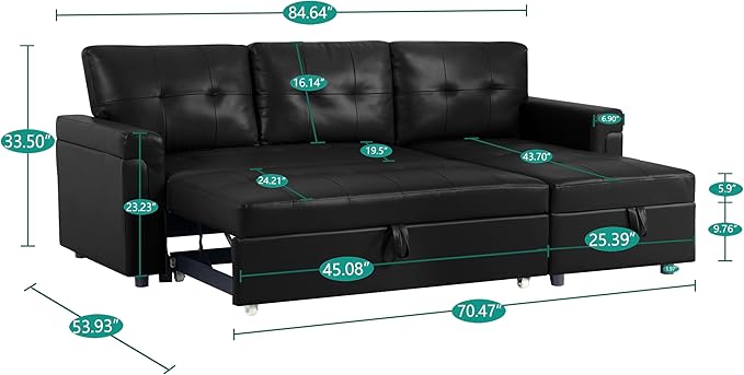 Naomi Home Jenny Sectional Sofa Sleeper with Storage Chaise, Tufted Pull Out Couch with Storage, L-Shaped Reversible Sleeper Sofa with Storage, Black,Air Leather
