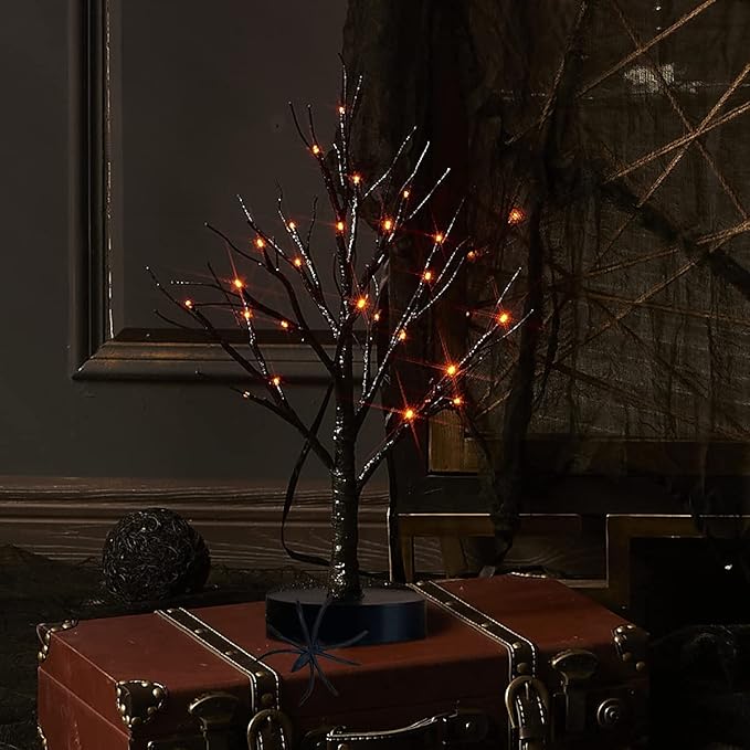 Fudios Black Halloween Tree with Lights 24 LED Orange with Timer, Lighted Tabletop Glittered Spooky Tree Artificial 18in for Witch Home Decor Battery Operated or USB Plug