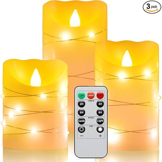Flameless battery Operated LED candles with 11 Key remote control 24-hour timer Set of 3， With embedded string lights electric flickering pillar Real Wax ，Party, Wedding, Home Decoration(lvory)