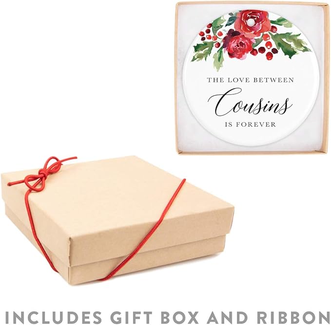 Andaz Press Round Ceramic Porcelain Christmas Tree Ornament Keepsake Gift for Cousins, The Love Between Cousins is Forever, 1-Pack Cousin Ornament 2025 Cousin Christmas Ornaments