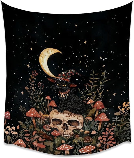 Halloween Witch Cat Tapestry Gothic Skull and Mushroom Artwork Print Spooky Halloween Witchy Wall Hanging Decor Black Cat Crescent Moon art Tapestries for Living Room Bedroom Decoration 70x90inch