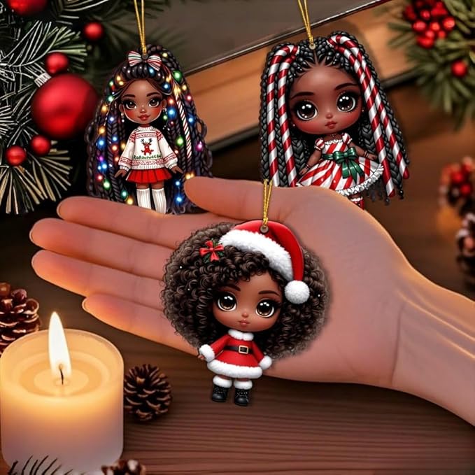 16pcs African American Black Chibi Girl Ornaments - Xmas/Christmas Wooden Decor, Gift Boxed for New Year/Carnival | Home/Window/Tree/Office/Classroom/Wine Bottle Party Deco, Black Heritage Pendants