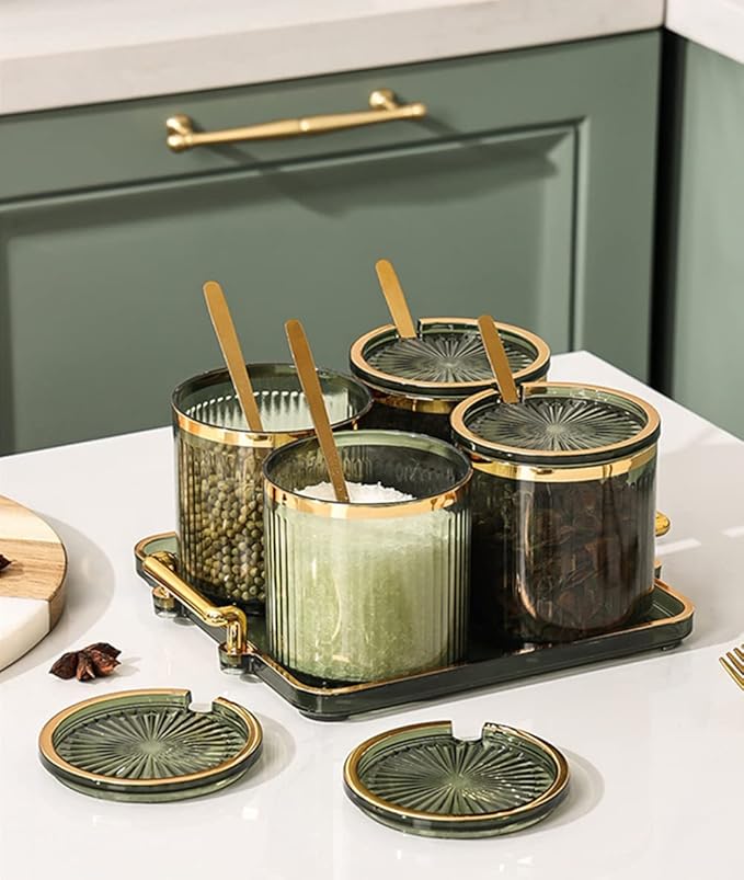 Acrylic Condiment Spice Jars,Condiment Spice Box With Lids and Spoons and Tray,Clear Plastic Condiment Canisters,Seasoning Box 4 Pack,Seasoning Box Set for Kitchen to Storage Salt,Paprika,Sugar