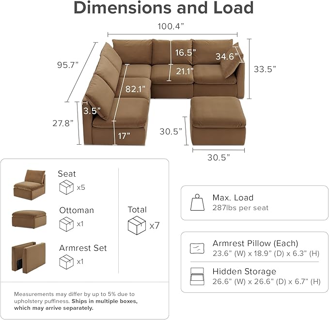 mopio Oversized Modular Sectional Sofa with Fully Removable Covers and Storage, Convertible U & L Shaped Sectionals, Modern Cloud Couch with Ottoman Chaise (Hazelnut Velvet, 6 Seats, L)