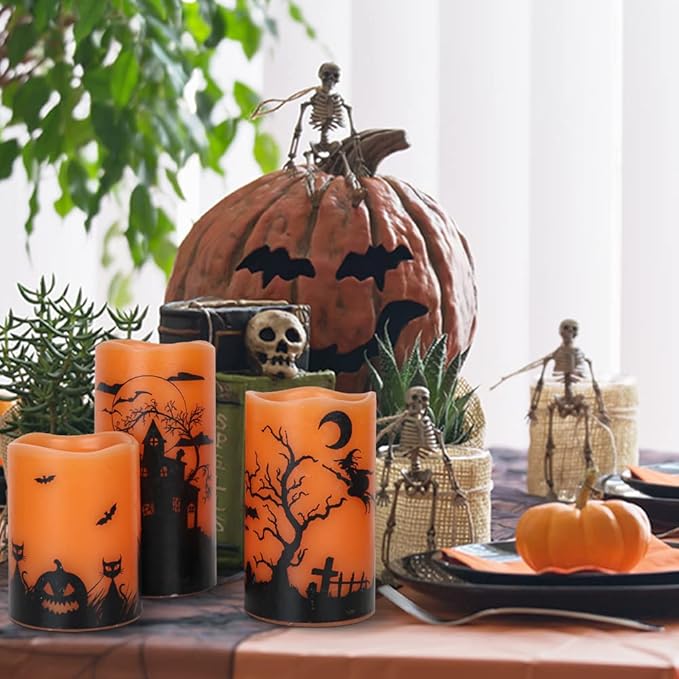 GenSwin Halloween Candles with Timer, Flickering Flameless Candles Battery Operated, 3 Pack Real Wax Pillar Candles for Halloween Home Decorations(D3” x H4”5”6”)