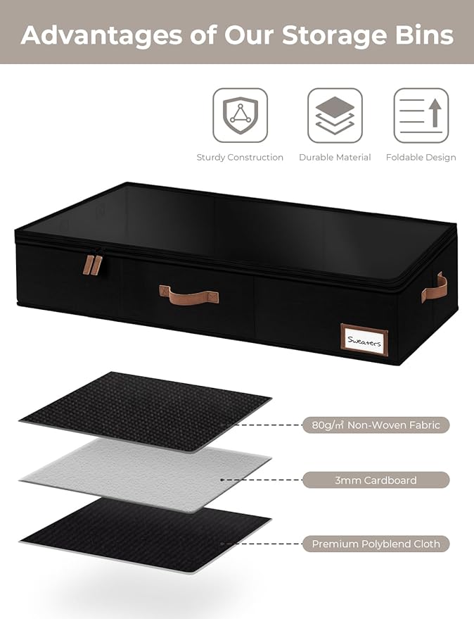 StorageWorks Extra Large Under Bed Storage Containers with Handles and Label Holder, 2 Pack Ultra-thick Fabric Underbed Bins, Closet Organizer for Clothes, Blankets, Sweater