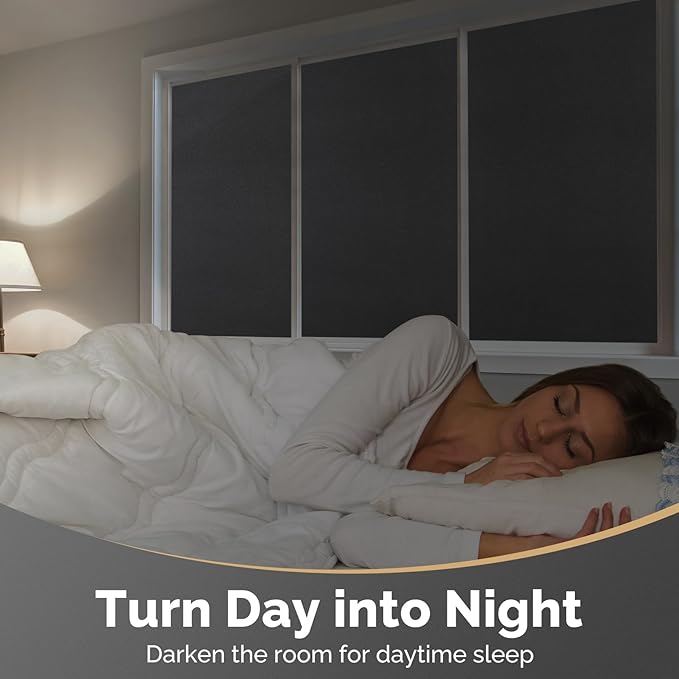 DOWELL Blackout Window Film, 100% Light Sun Blocking Static Cling Frosted Privacy Film for Glass, Heat Control Removable Window Tint, Room Darkening Cover for Day Sleep, Black, 23.6" x 157.5"