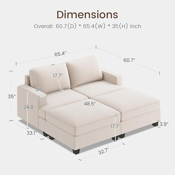 Nolany Corduroy Sectional Couch with Storage Ottoman, Sleeper Sectional Sofa, Modular Sectional Couches for Living Room, Beige