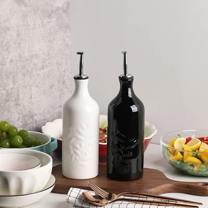 Sweejar Ceramic Olive Oil Dispenser Bottle, 20 Oz Relief Opaque Oil Cruet Protects Oil To Reduce Oxidation, Suitable for Storage Oil, Vinegar, Soy Sauce, Coffee Syrup, Liquids, Set of 1 (Black)