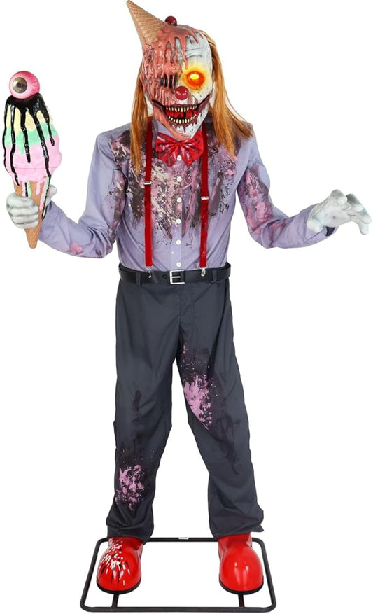 Haunted Hill Farm 6.5-Ft Animatronic I Scream Clown by Tekky, Halloween Animatronic, Creepy Party Decor, Indoor & Covered Outdoor Spooky Party Decoration Motion-Activated Lights & Sound, LifeSize
