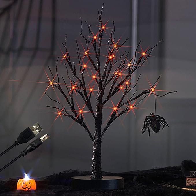 Fudios Black Halloween Tree with Lights 24 LED Orange with Timer, Lighted Tabletop Glittered Spooky Tree Artificial 18in for Witch Home Decor Battery Operated or USB Plug
