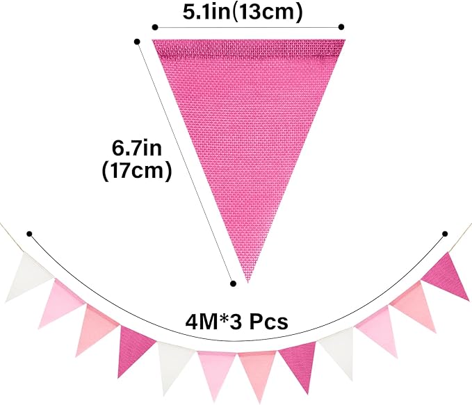 G2PLUS Pre-Strung Burlap Pennant Banners, 39Ft Pink Fabric Triangle Flag Bunting, 36Pcs Pennant Banner Flags Garland for Birthday, Wedding, Baby Shower, Holiday Party Decorations