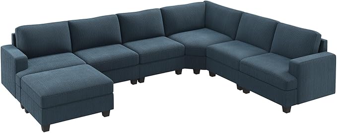 Nolany Modular Sectional Couch with Storage Ottoman, Corduroy Sectional Sofa with Chaise, U Shape Sectional Couches for Living Room, Blue