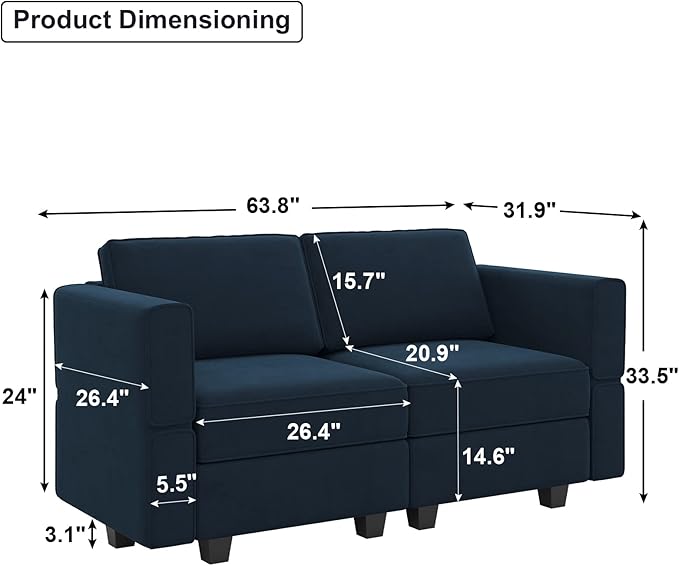Belffin Modular Loveseat Sofa Couch with Storage Seats Velvet 2 Seater Love Seats for Small Spaces Blue