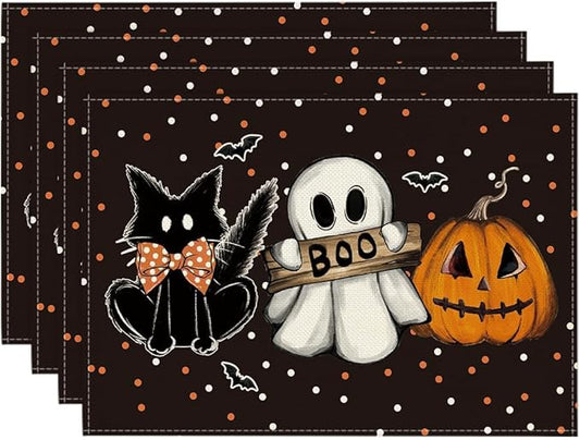 Artoid Mode Polka Dot Ghost Pumpkin Cat Boo Halloween Placemats Set of 4, 12x18 Inch Seasonal Fall Table Mats for Party Kitchen Dining Decoration