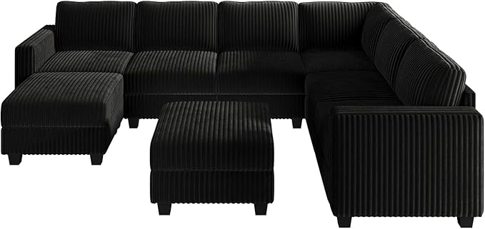 HONBAY Corduroy Sectional Couch with Storage U Shaped Sectional Sofa Modular Sectional Couches for Living Room, Black