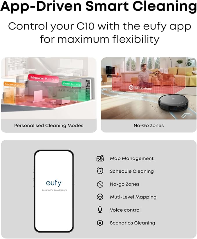 eufy C10 Robot Vacuum Self Emptying, 8 Weeks Hands Free, Advanced Smart Mapping with LiDAR Navigation, 2.85-Inch Slim Design, Powerful Suction, Edge Expansion Brush for Pet Hair