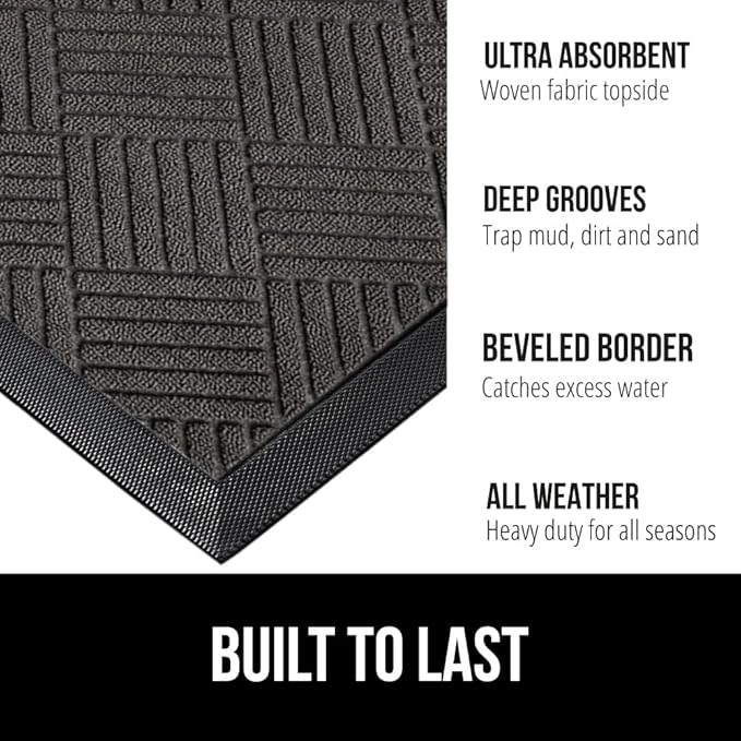 GORILLA GRIP 100% Waterproof All-Season WeatherMax Doormat, 47x35, US Designed Natural Rubber, Stain and Fade Resistant, Low Profile Indoor Outdoor Door Mats, Easy Clean Patio Mat, Gray Diamond