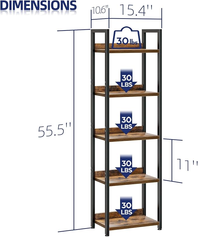 NUMENN Narrow Bookshelf, 5 Tier Bookshelves, Home Office Bookcase Shelf Storage Organizer, Free Standing Storage Shelving Unit for Bedroom, Living Room and Home Office, Vintage