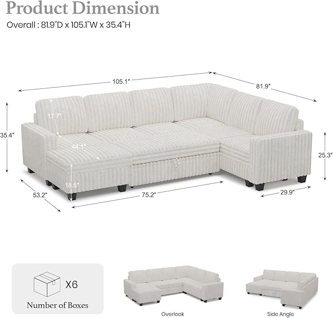 Belffin Corduroy Sleeper Sofa Bed with Storage Chaise Modular Sectional Sofa Couch with Pull Out Bed L Shaped Sectional Couches for Living Room White Couch
