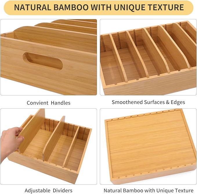 2 Pack Bamboo Lid Holder Food Container, Kitchen Organizer with 5 Adjustable Dividers, Cabinet Organizer for Food, Kitchen Gadget, Container Lids