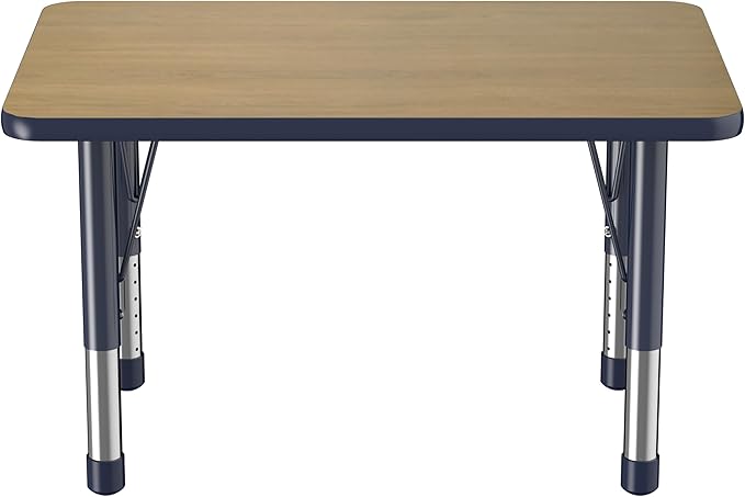 FDP Rectangle (24 x 36 inch) Classroom Table with Adjustable Chunky Toddler Legs (15-24 in); Preschool, Kinder and Daycare Furniture - Pasadena Oak Top/Navy Edge and Legs