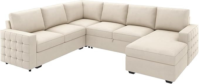 HONBAY Sectional Couch with Pull Out Bed, Sectional Sleeper Sofa with Storage, U Shape Couches for Living Room, Velvet Beige