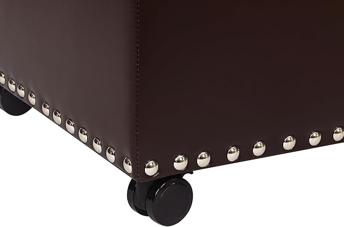 Leather Storage Ottoman Bench with Steerable Rolling Wheels, Rectangle 24 Inch Foot Rest Ottomans Stool for Living Room Bedroom (Vintage Brown)