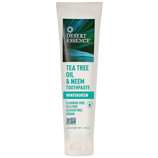 Desert Essence Tea Tree Oil & Neem Toothpaste - Fluoride-Free, Gluten-Free, SLS Free Formula - Vegan, Herbal Toothpaste for Plaque Reduction - Wintergreen Flavor, 6.25 oz