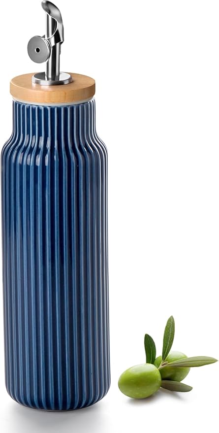 Nucookery Ceramic Olive Oil Dispenser Bottle for Kitchen, 14 oz Opaque Vinegar Dispenser Bottle, Large Capacity Cooking Oil Container for Storage Vinegar, Soy Sauce, Coffee Syrup, Blue