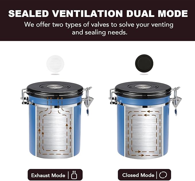 ShanSon Coffee Canister Airtight Coffee Container Stainless Steel Coffee Bean Storage Container with CO2 Release Valve and Scoop Coffee Canister for Beans,Grounds,Sugar,Flour,Tea,Cereal,22OZ,Blue