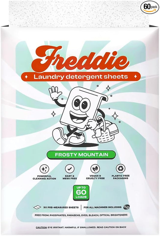 Freddie Laundry Detergent Sheets - Recyclable Packaging - No Mess Strips - 60 Loads - Crisp Frosty Mountain Scent