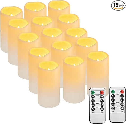 15PACK Outdoor Plastic flameless Candles with Remote Control and Timer, LED Flickering Battery Operated Electric Pillar Candles (D3 xH5.5) for Camping, Weddings, Home Decoration