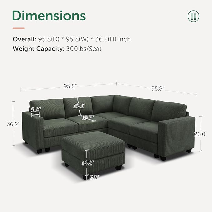 HONBAY Corduroy Modular Sectional Couch with Storage L-Shaped Sectional Couches for Living Room 6 Seater Modular Sofa, Green