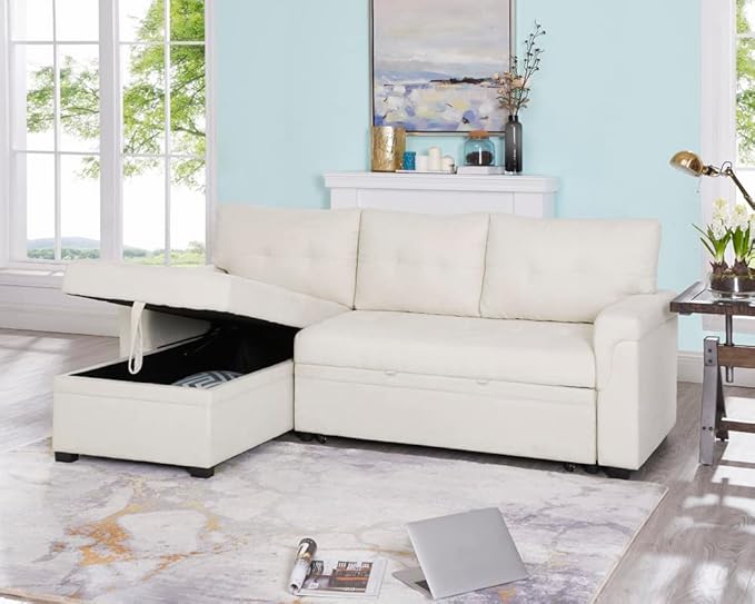 Naomi Home L-Shaped Reversible Sectional Sofa with Pull-Out Sleeper Bed and Storage Chaise, Cream Velvet