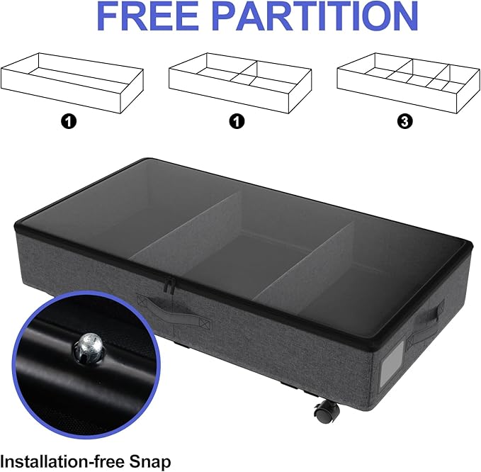 Under Bed Storage with Wheels, 2 Pack Under Bed Storage Containers with Transparent Lid, 50L Large Capacity Underbed Storage Containers, Underbed Storage Bins for Clothes, Shoes, Books, Toys, Black