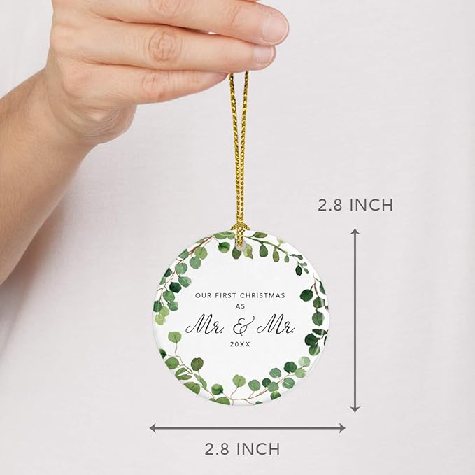 Andaz Press Custom Year Round Ceramic Porcelain Christmas Tree Ornament Keepsake Collectible Gift, Our First Christmas as Mr. & Mr. 2025, Farmhouse Eucalyptus Wreath, 1-PackGay Couple