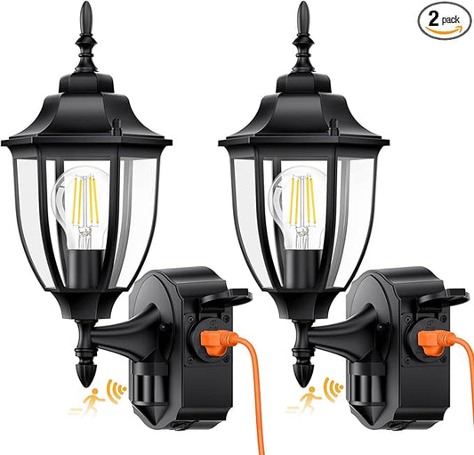 2 Pack Porch Lights Outdoor with Outlet, Motion Sensor Outdoor Wall Lights, Updated Dusk to Dawn Exterior Lighting Fixtures Waterproof Anti-Rust Aluminum Outside for House Entryway Garage, Black
