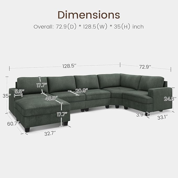 Nolany Sectional Sofa with Storage Ottoman, U Shape Couch with Chaise, Corduroy Modular Sectional Couch for Living Room, Green